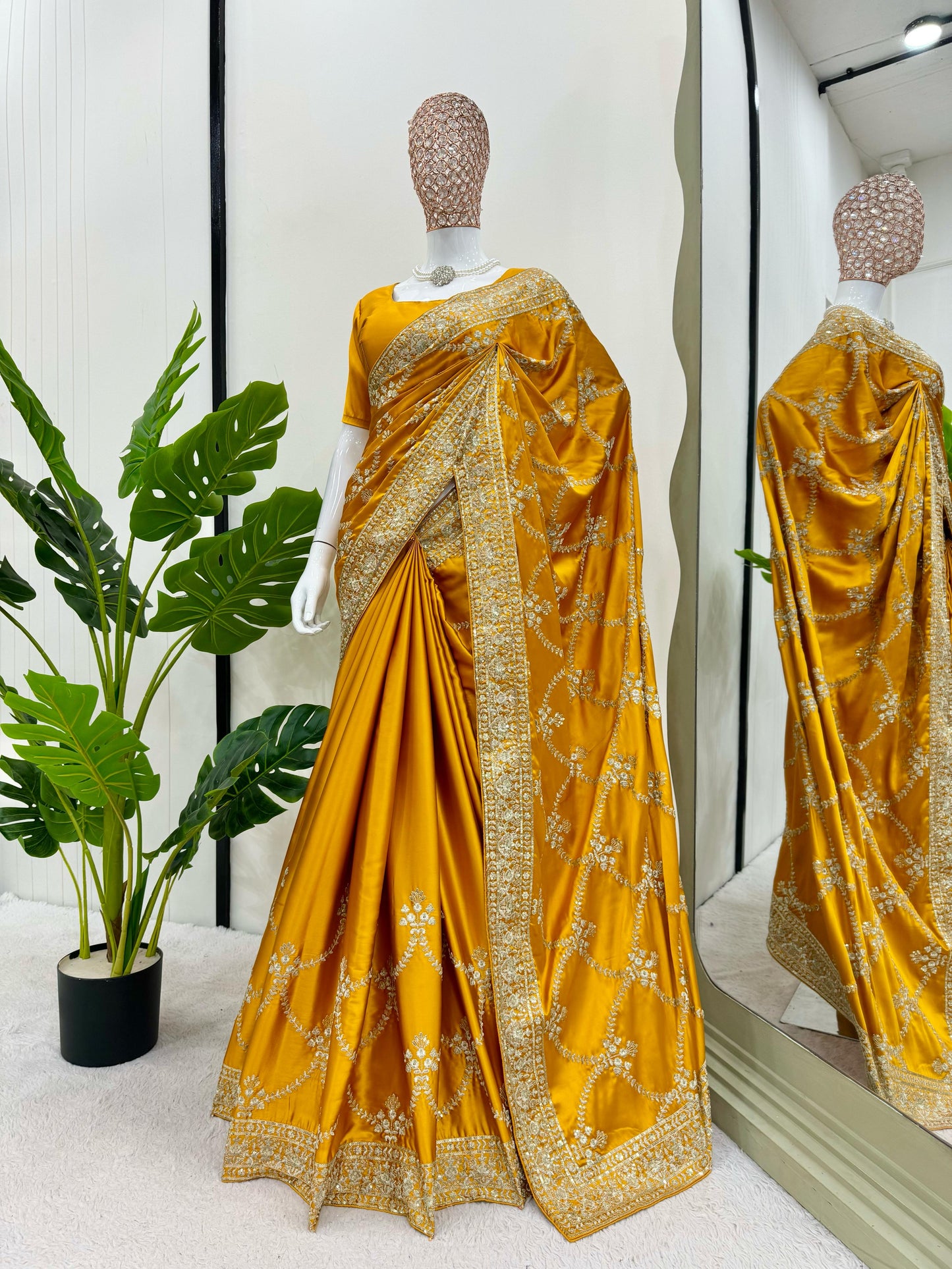 Yellow Japan Satin Silk Saree