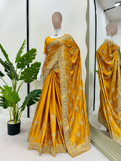 Yellow Japan Satin Silk Saree
