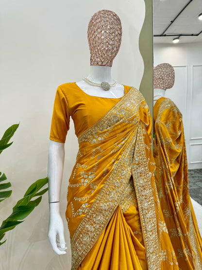 Yellow Japan Satin Silk Saree