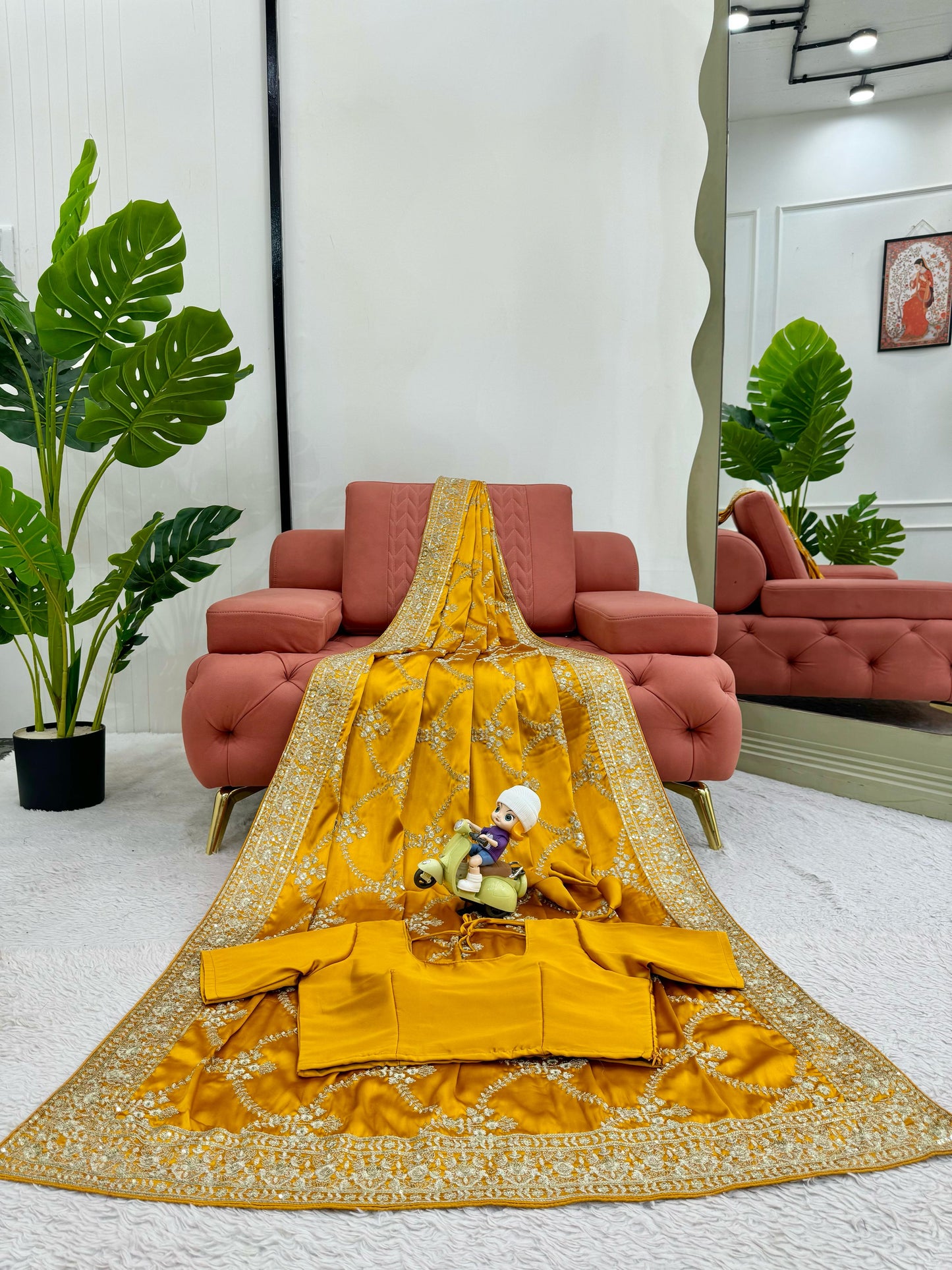 Yellow Japan Satin Silk Saree