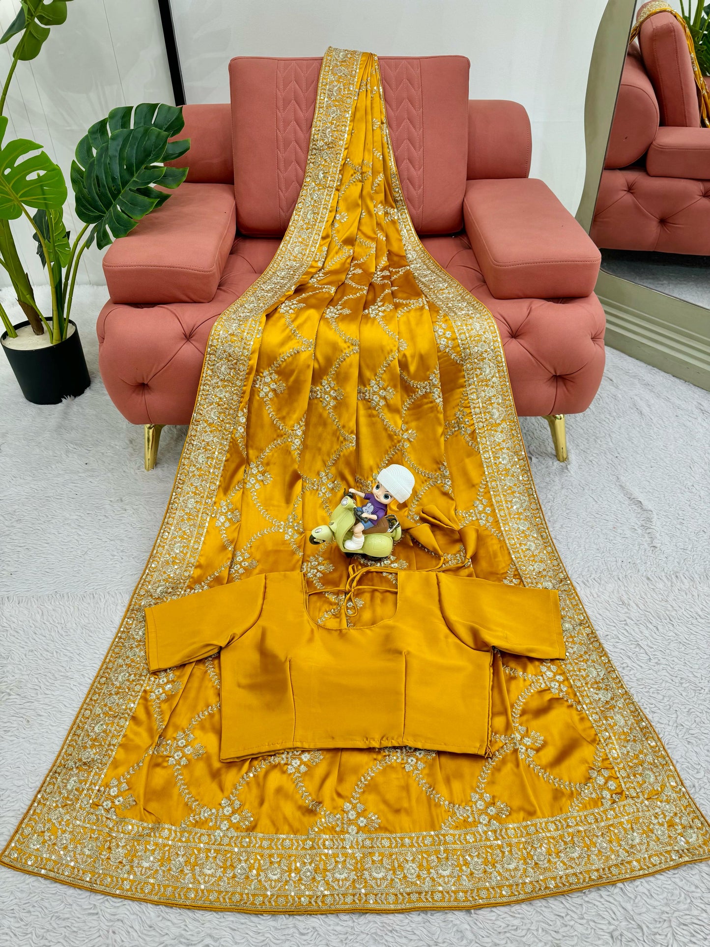 Yellow Japan Satin Silk Saree