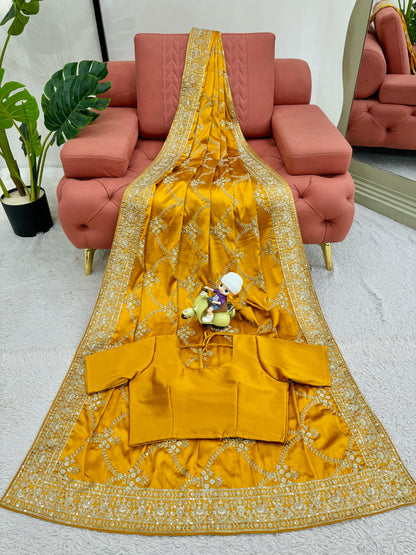 Yellow Japan Satin Silk Saree