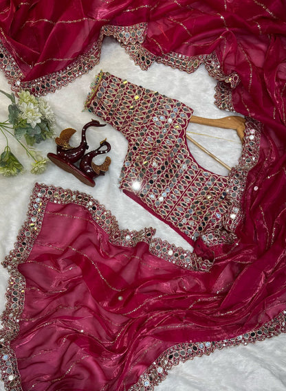 Heavy Jimmi Chu With Original Hand Mirror Work Saree