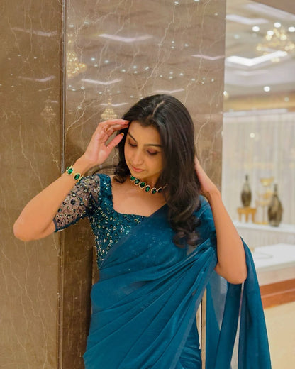 Rama Blue Pure Space Silk Occasion PartyWear Saree