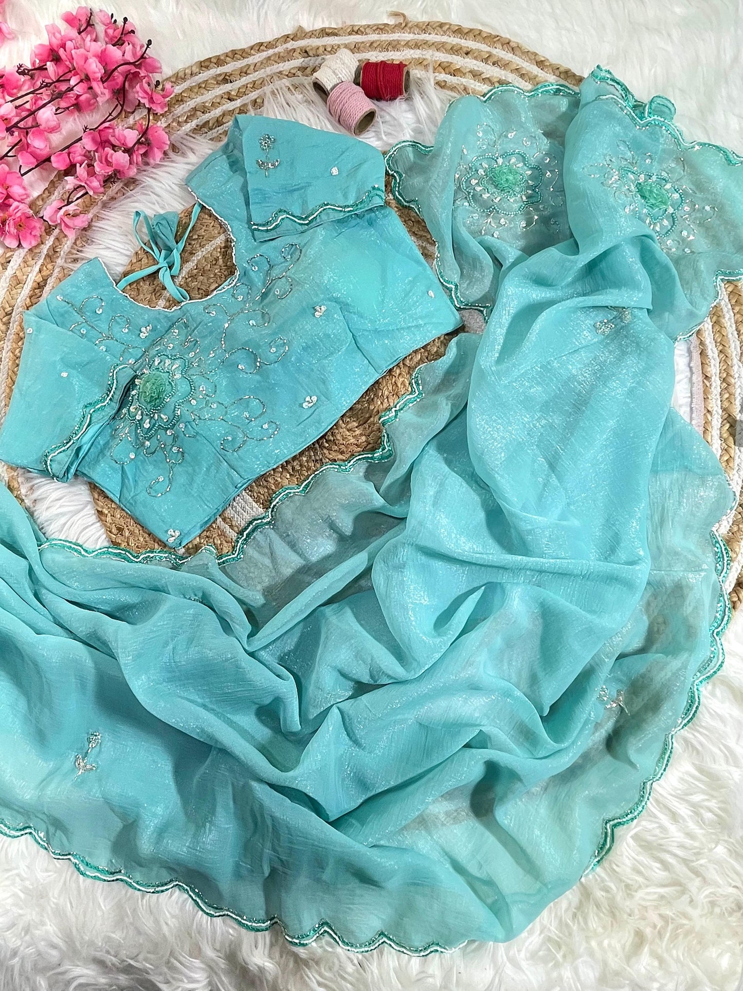 Pure Soft Crunchy Silk With Cutdana & Moti  Work Saree