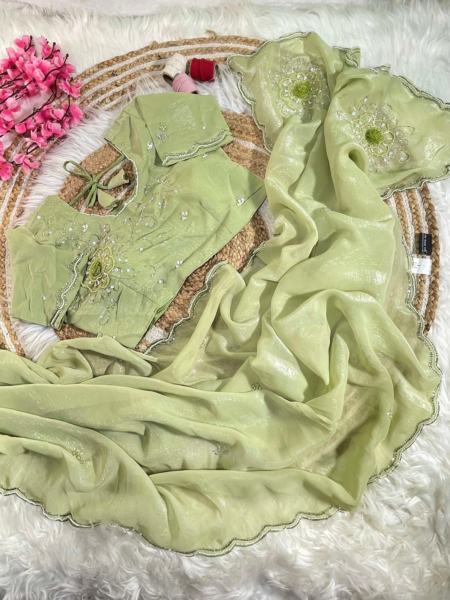 Pure Soft Crunchy Silk With Cutdana & Moti  Work Saree