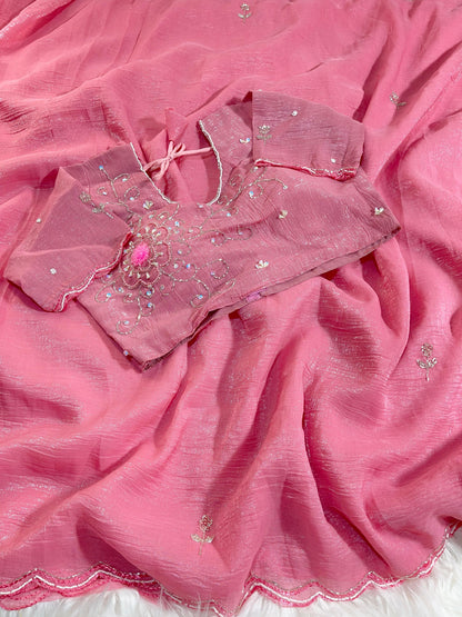 Pure Soft Crunchy Silk With Cutdana & Moti  Work Saree