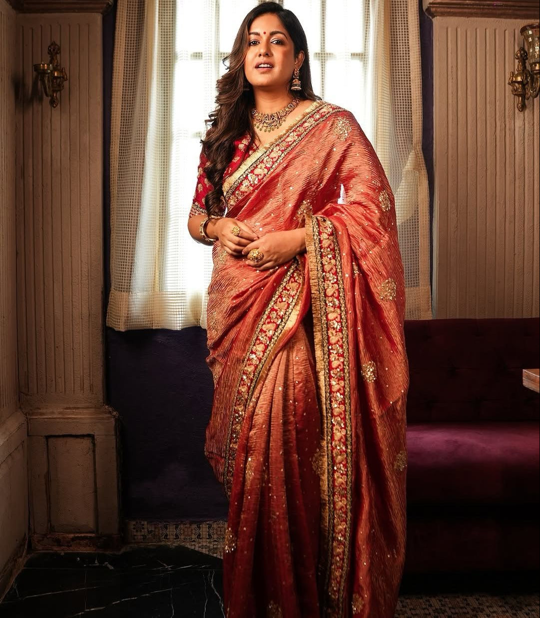 Red Banarasi Crush Beautiful sequins Work Saree