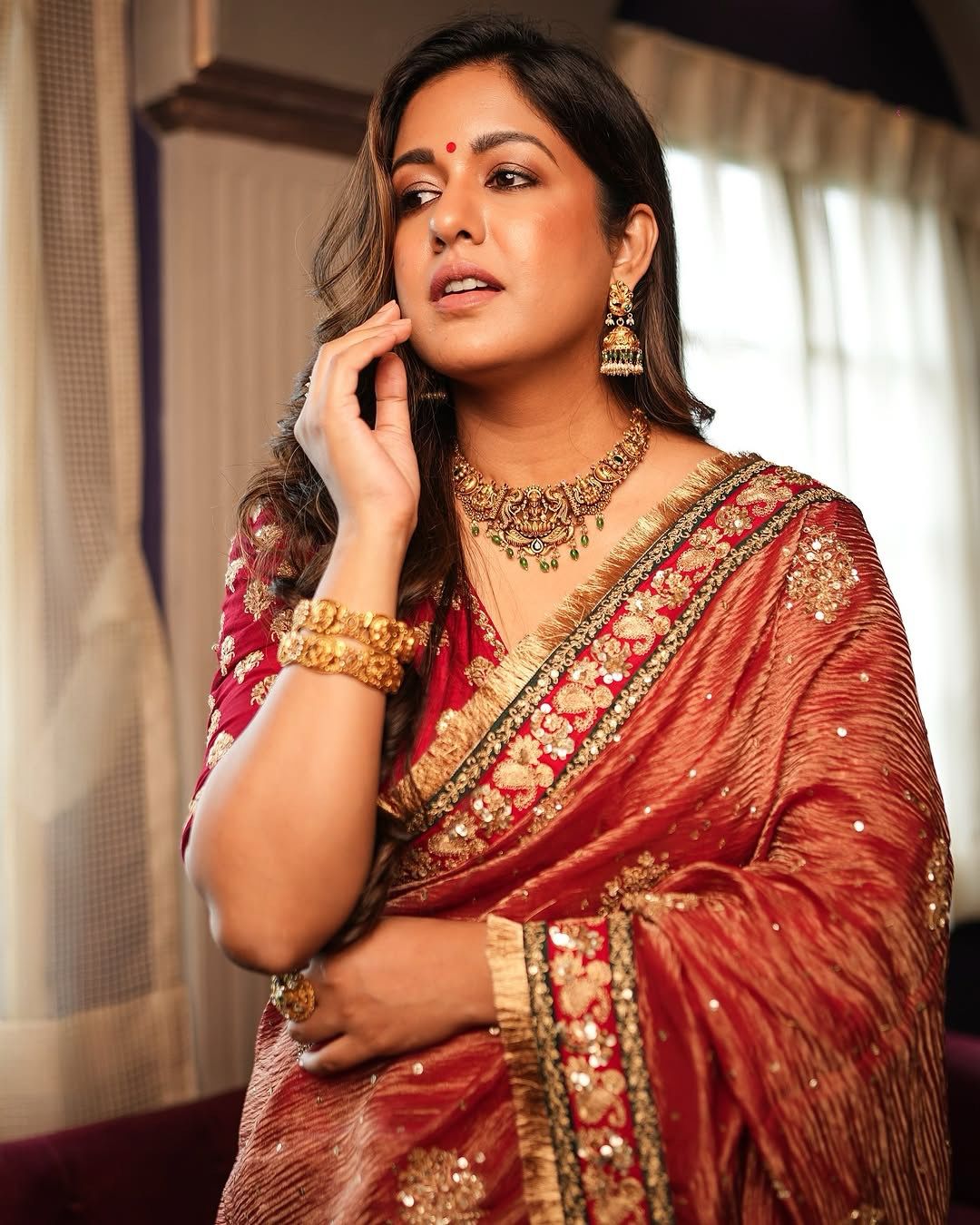 Red Banarasi Crush Beautiful sequins Work Saree