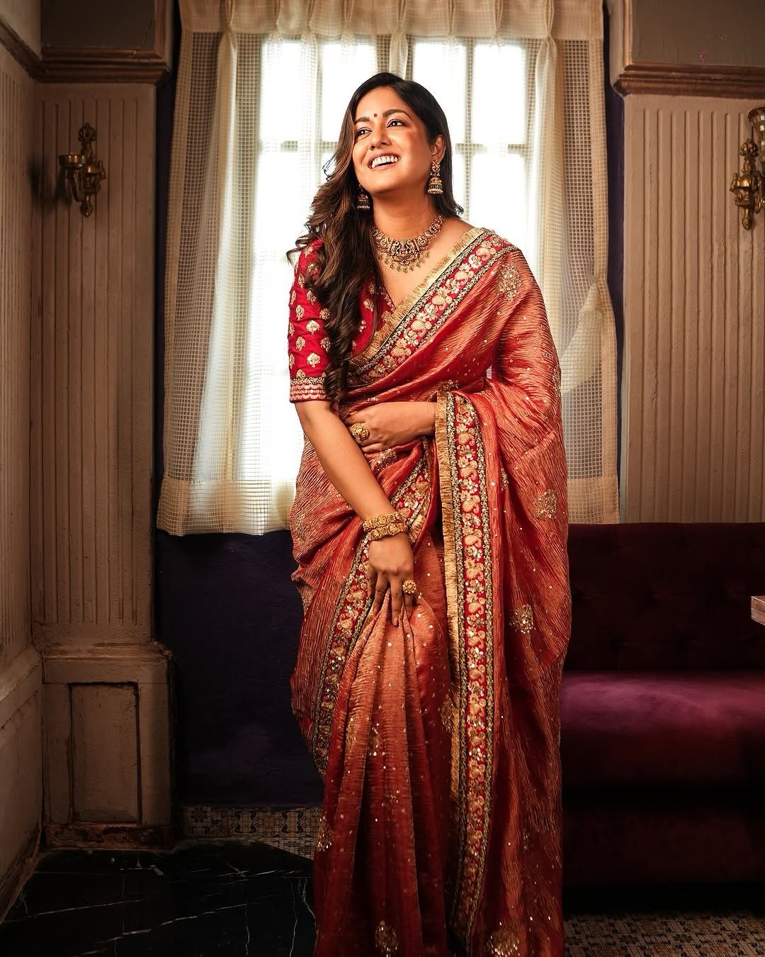 Red Banarasi Crush Beautiful sequins Work Saree