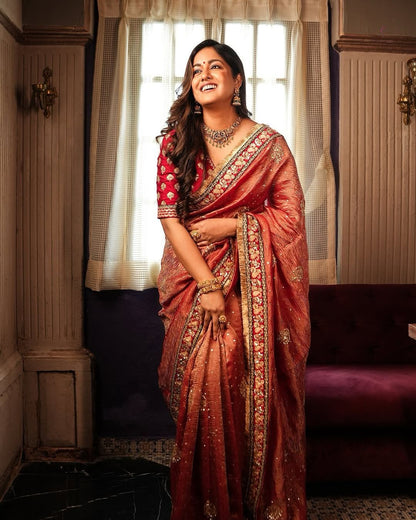 Red Banarasi Crush Beautiful sequins Work Saree