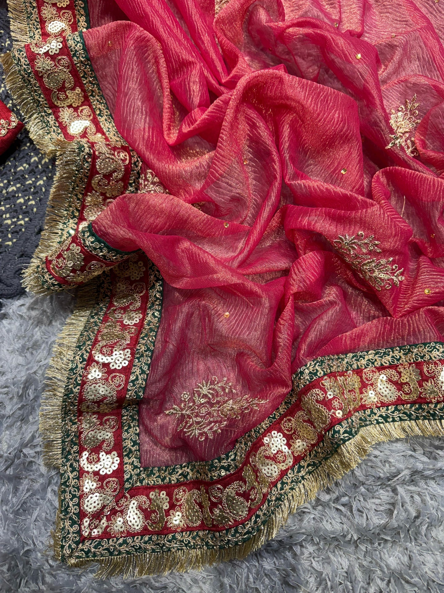 Red Banarasi Crush Beautiful sequins Work Saree