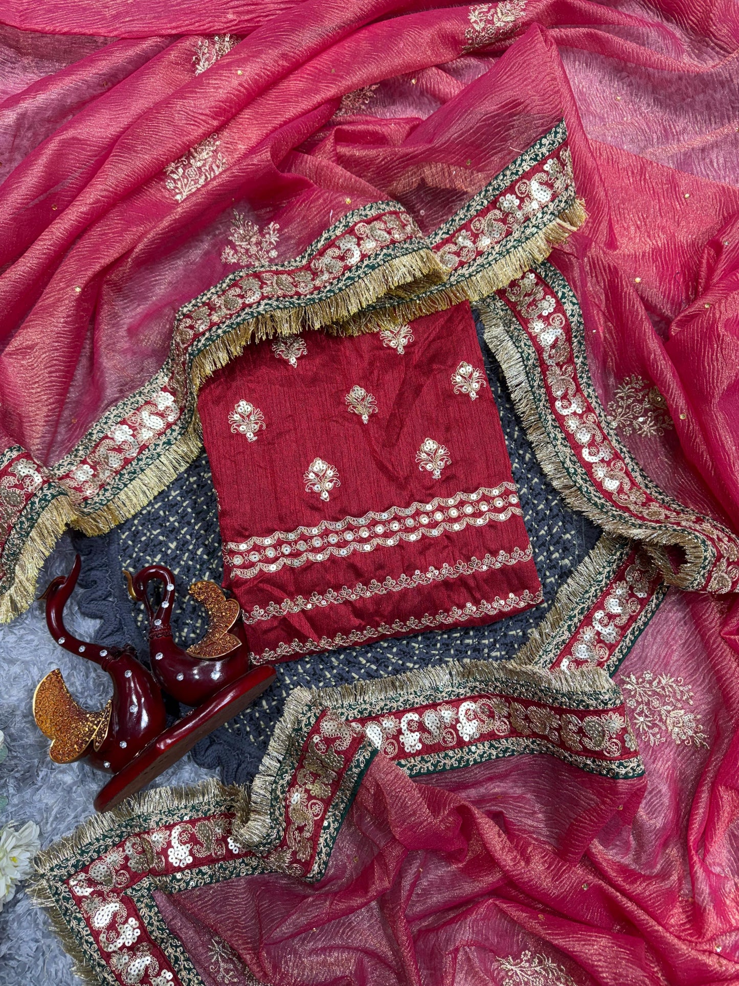 Red Banarasi Crush Beautiful sequins Work Saree