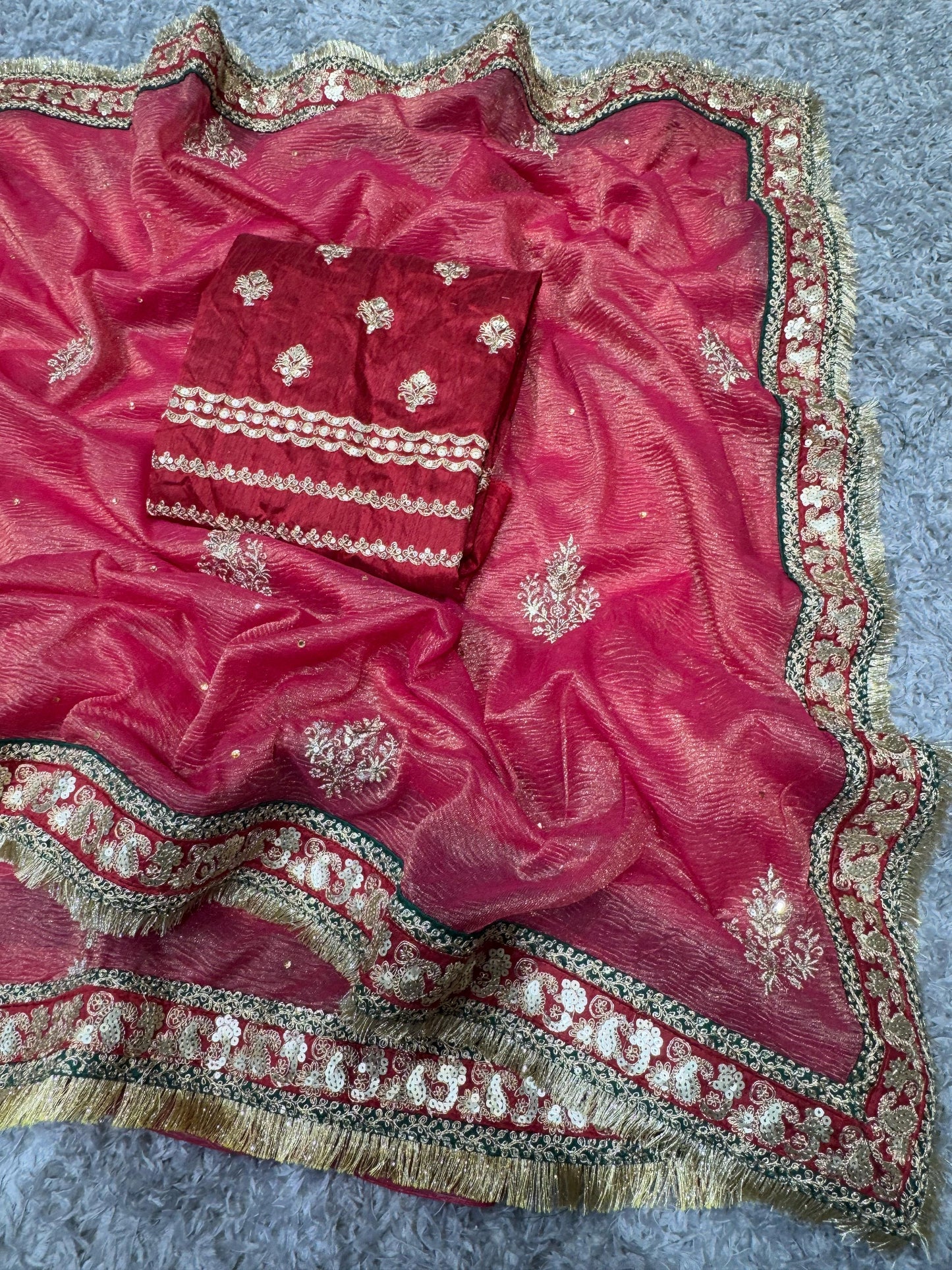 Red Banarasi Crush Beautiful sequins Work Saree