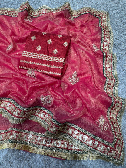 Red Banarasi Crush Beautiful sequins Work Saree