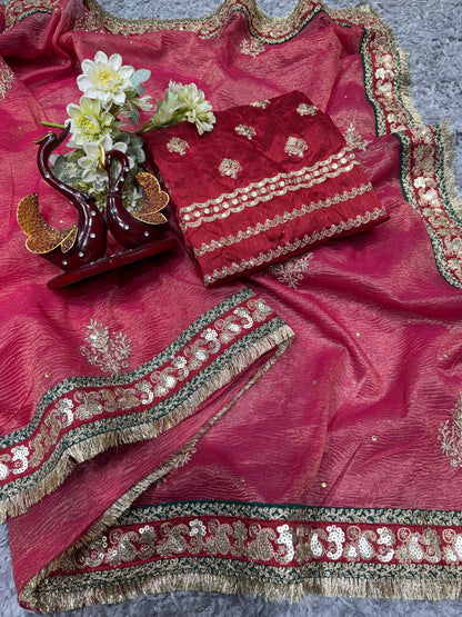 Red Banarasi Crush Beautiful sequins Work Saree