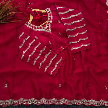 Pink Mulmul Organza Handwork Saree