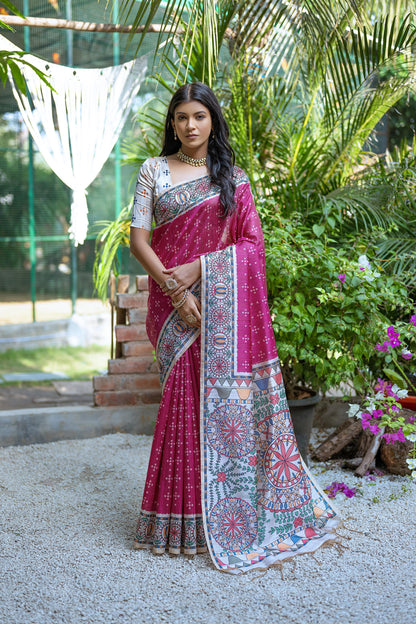 Soft Tussar Silk With Madhubani Print Saree