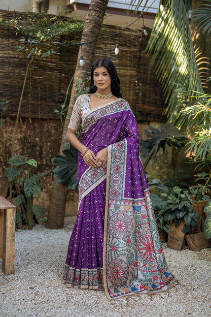 Soft Tussar Silk With Madhubani Print Saree