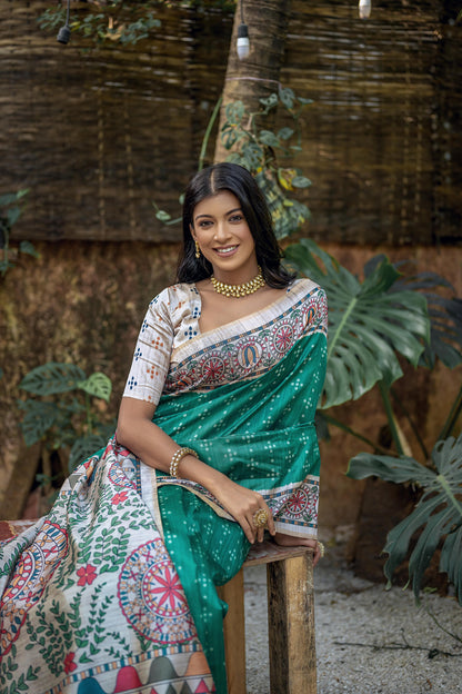 Soft Tussar Silk With Madhubani Print Saree