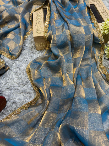 New Box Pattern Space Silk With Katdana Moti Work Saree