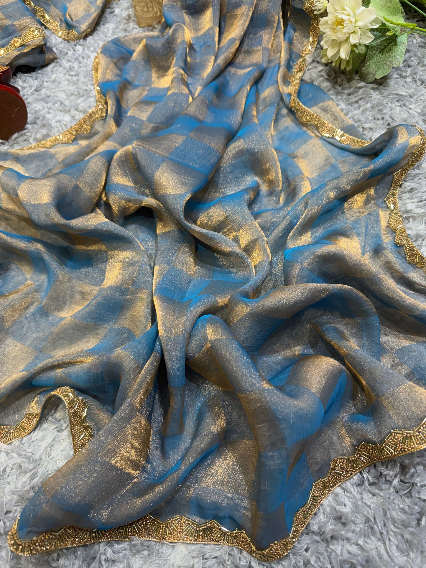 New Box Pattern Space Silk With Katdana Moti Work Saree