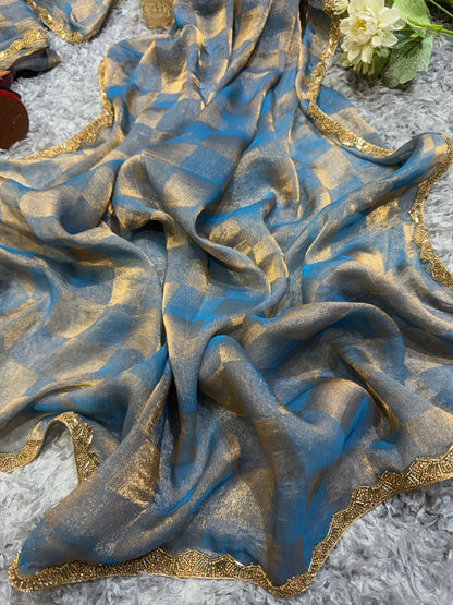 New Box Pattern Space Silk With Katdana Moti Work Saree