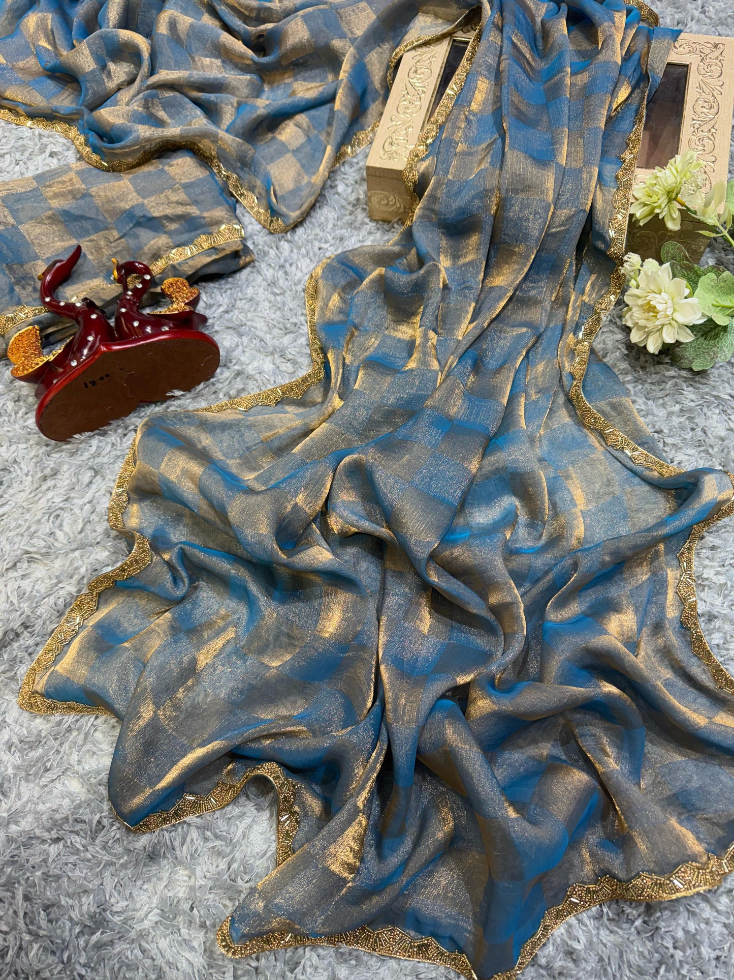 New Box Pattern Space Silk With Katdana Moti Work Saree