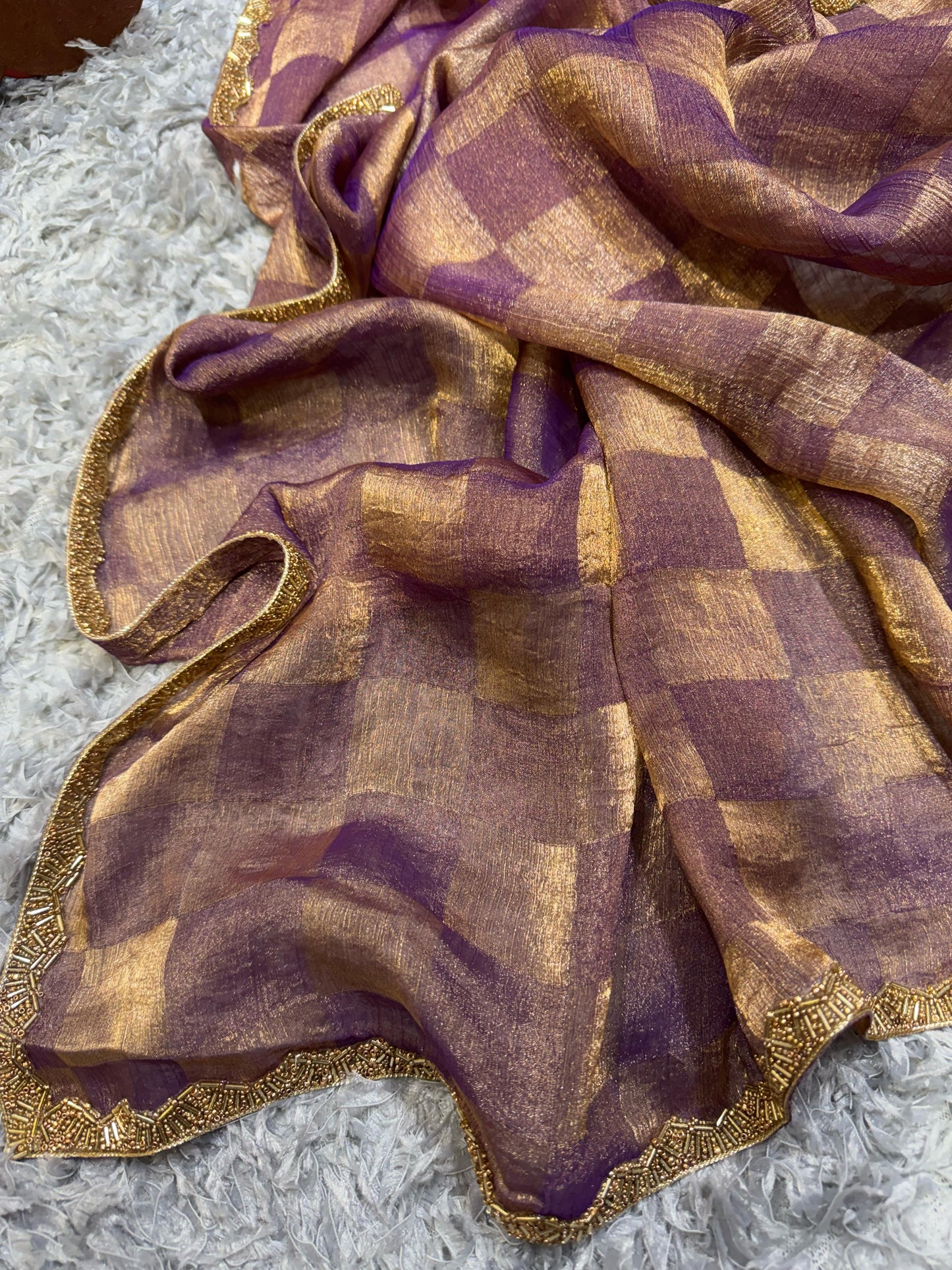 New Box Pattern Space Silk With Katdana Moti Work Saree