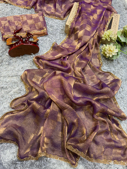 New Box Pattern Space Silk With Katdana Moti Work Saree