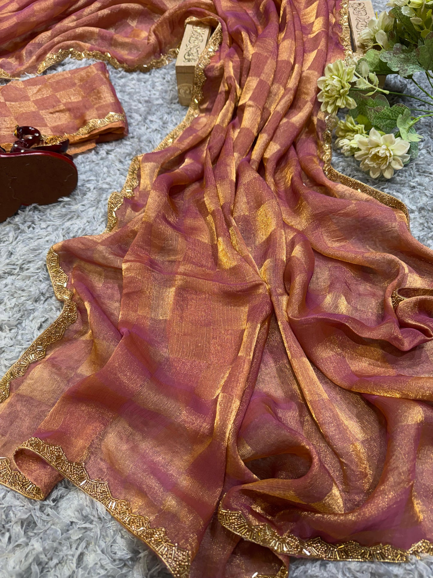 New Box Pattern Space Silk With Katdana Moti Work Saree