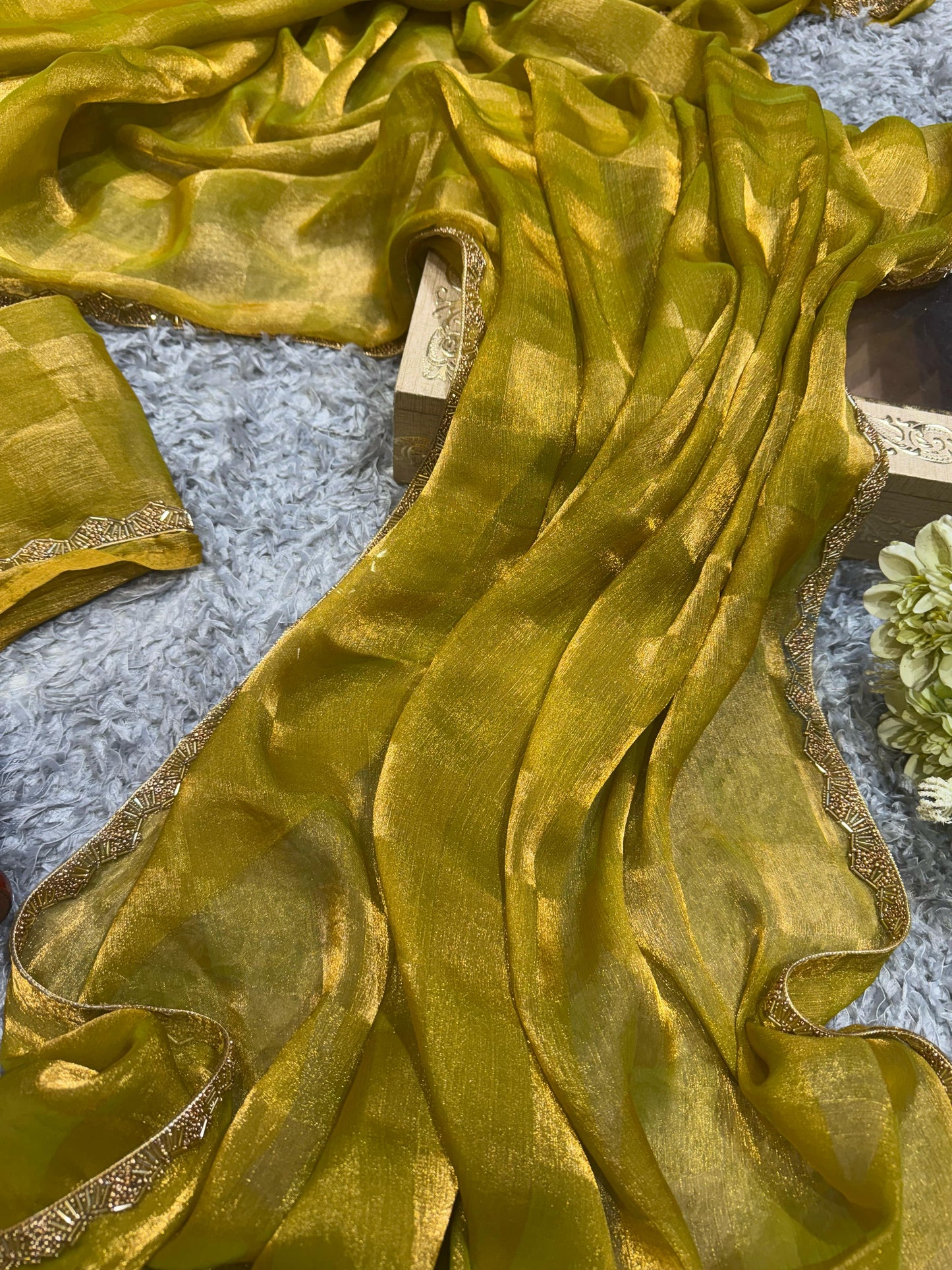 New Box Pattern Space Silk With Katdana Moti Work Saree