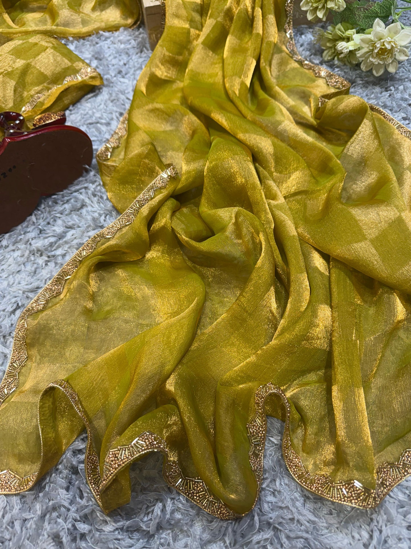 New Box Pattern Space Silk With Katdana Moti Work Saree