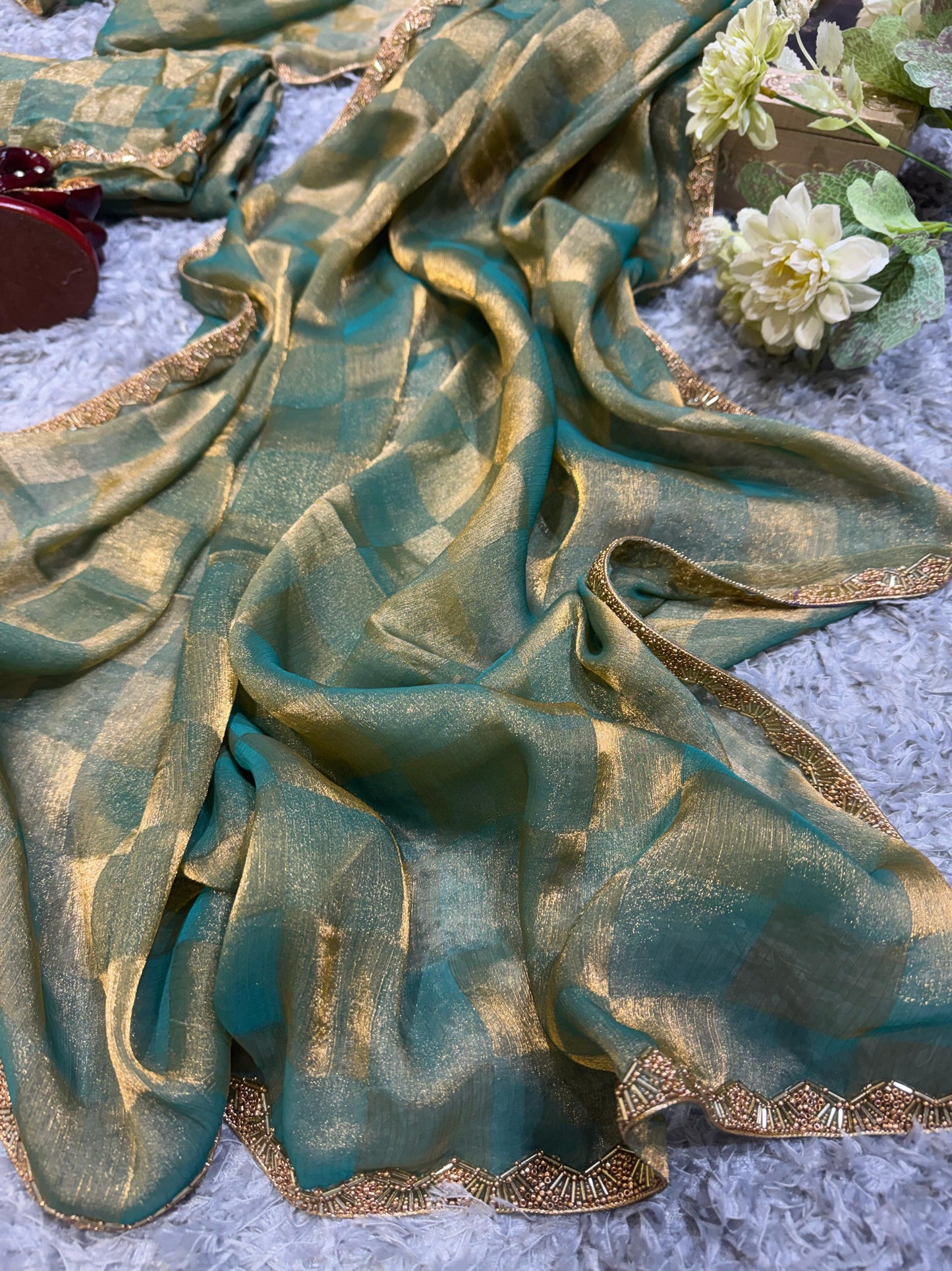 New Box Pattern Space Silk With Katdana Moti Work Saree