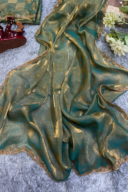 New Box Pattern Space Silk With Katdana Moti Work Saree