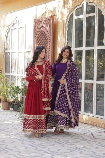 Maroon  Faux Blooming with Embroidery Zari Work Gown With Dupatta