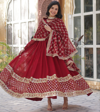 Maroon  Faux Blooming with Embroidery Zari Work Gown With Dupatta