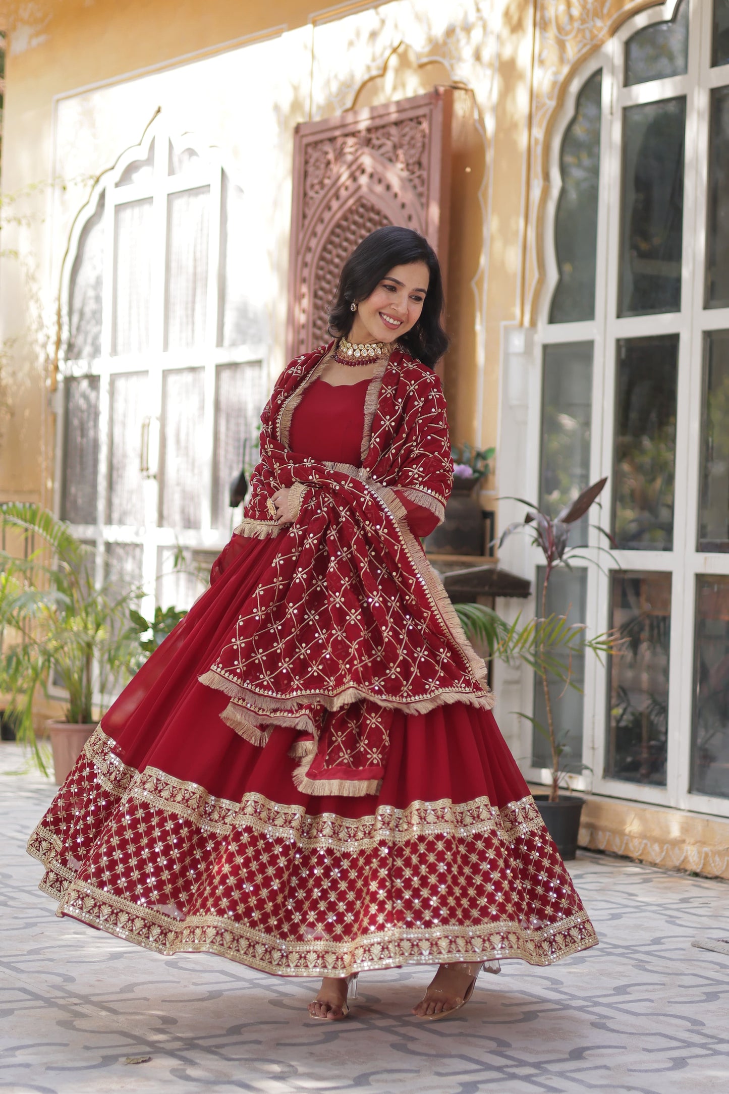 Maroon  Faux Blooming with Embroidery Zari Work Gown With Dupatta