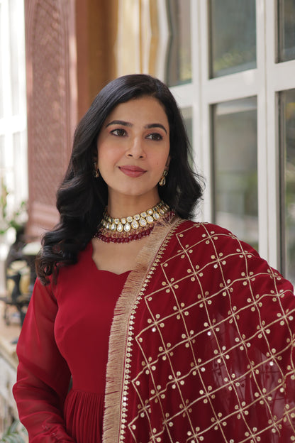 Maroon  Faux Blooming with Embroidery Zari Work Gown With Dupatta