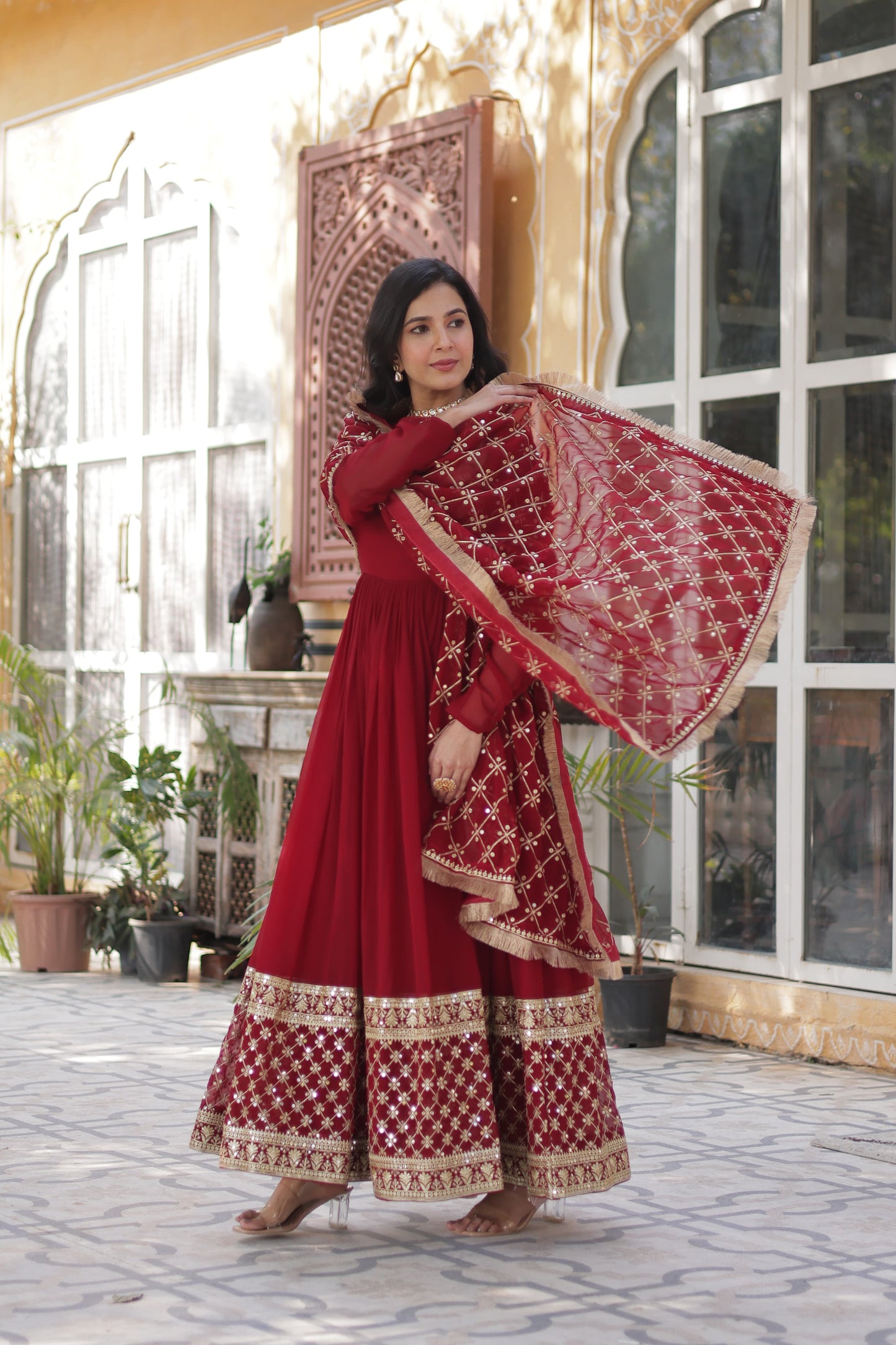 Maroon  Faux Blooming with Embroidery Zari Work Gown With Dupatta