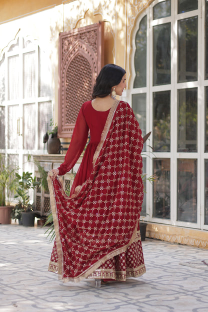 Maroon  Faux Blooming with Embroidery Zari Work Gown With Dupatta