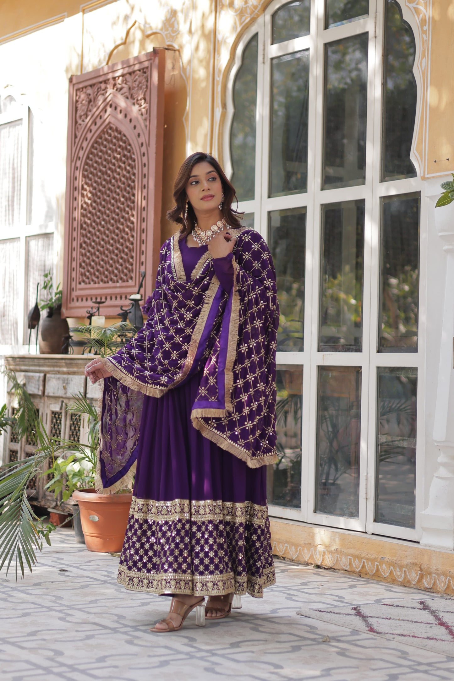 Maroon  Faux Blooming with Embroidery Zari Work Gown With Dupatta