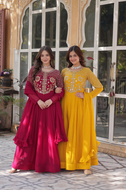 Primium  Georgette with Attractive Embroidered Work Gown With Dupatta
