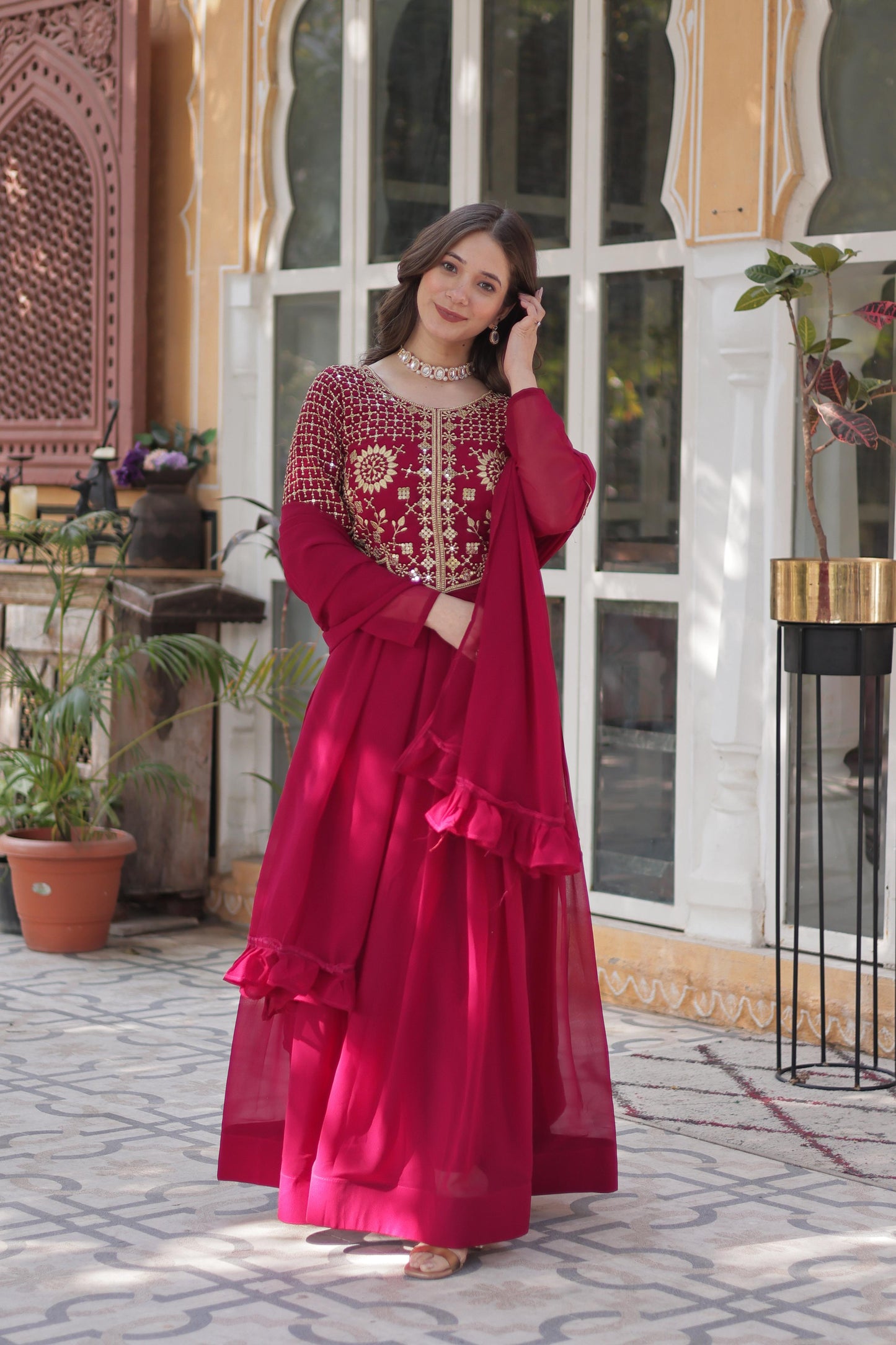 Primium  Georgette with Attractive Embroidered Work Gown With Dupatta