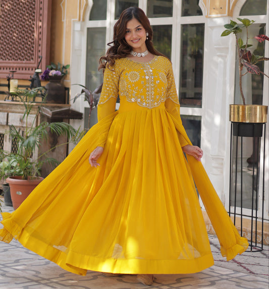 Primium  Georgette with Attractive Embroidered Work Gown With Dupatta