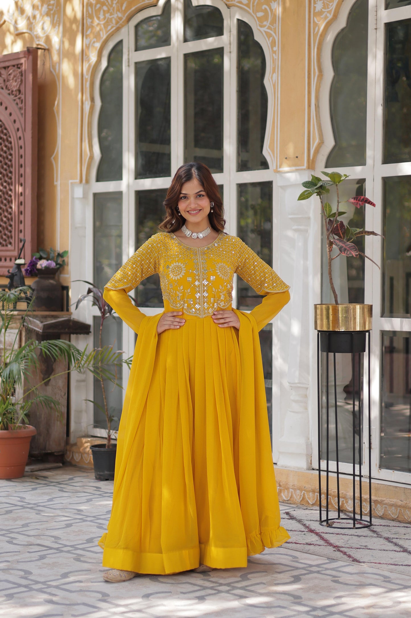 Primium  Georgette with Attractive Embroidered Work Gown With Dupatta