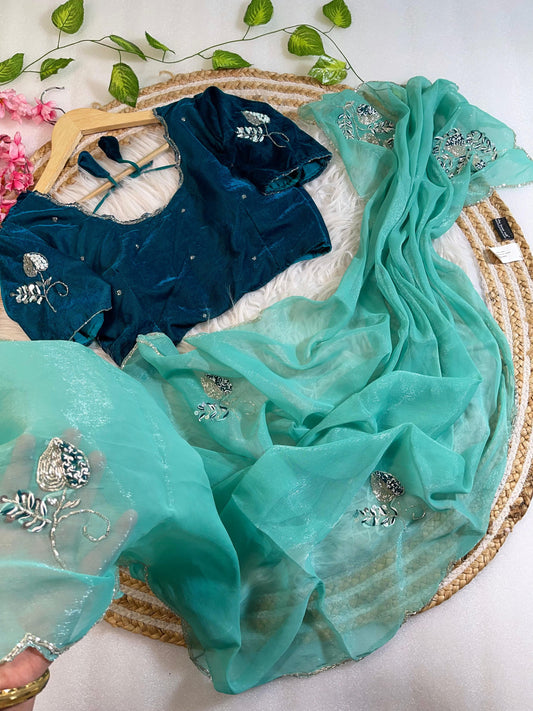 Pure Soft Shimmer Silk With Stiched Blouse Saree