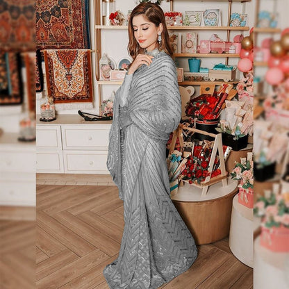 Silver Soft Georgette Sequins Saree