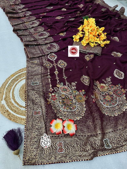 Dola SilK With Meenakari & Cutdana Khatli Handwork Saree
