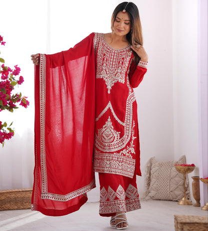 Red Pure Vichitra Silk With Embroidery Dori work 3pc Kurta Set
